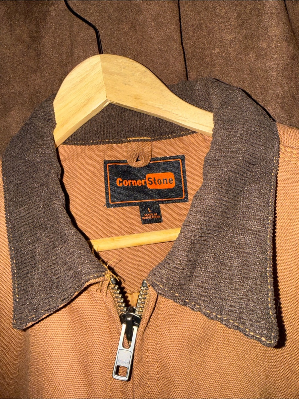 Corner stone Men's Tan Canvas Jacket with Dark Collar - Picture 5 of 6